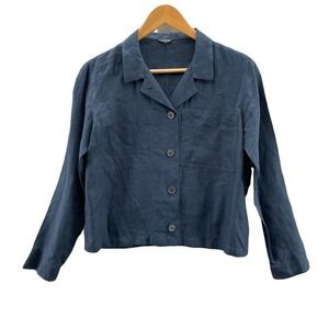 VIVID Cropped Shirt Jacket Womens XS Blue Linen Button Front Pockets Lightweight